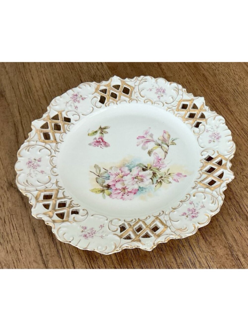 Antique Pierced Porcelain Plate Apple Blossom Floral Gold Gilt 10in - Picture 8 of 16